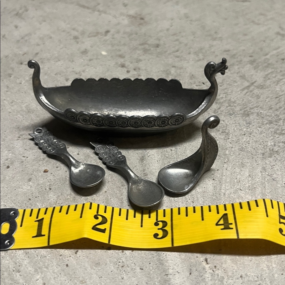 Antique Pewter Norwegian Viking Ship With Spoons